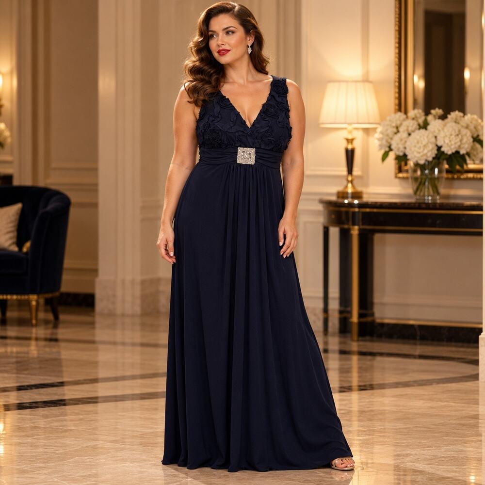 Enfocus Studio Y2K Rosette Beaded Maxi Dress Sz 12 Empire Navy Gothic Romantic